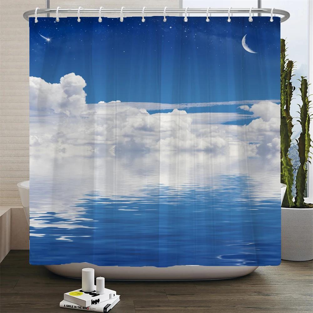 

Blue Sky White Clouds Shower Curtain 3D Natural Scenery Printing Waterproof Bathroom Curtain Home Decoration Screen With Hooks W60H190(CM)-1 Pcs