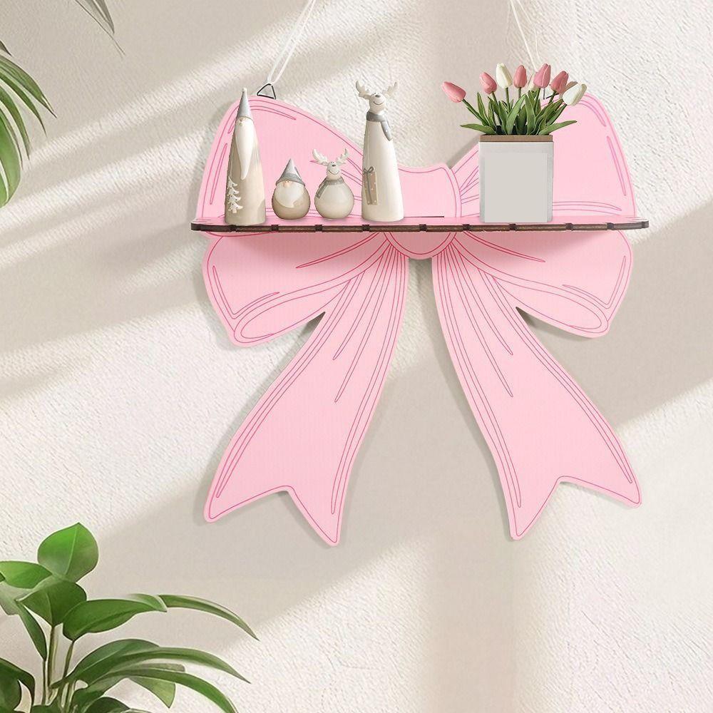 Pink Bow Wall Mounted Shelf Wooden Holder Wood Storage Rack Wall Storage Holder  Girls Room