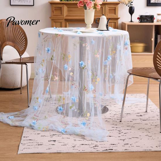 Bridal Shower Table Overlay Lace Embroidery Floral Tablecloth, 3D Flower Tulle Sheer Cover, Seasonal Wrinkle Resistant Tablecloth Colorful Cloth