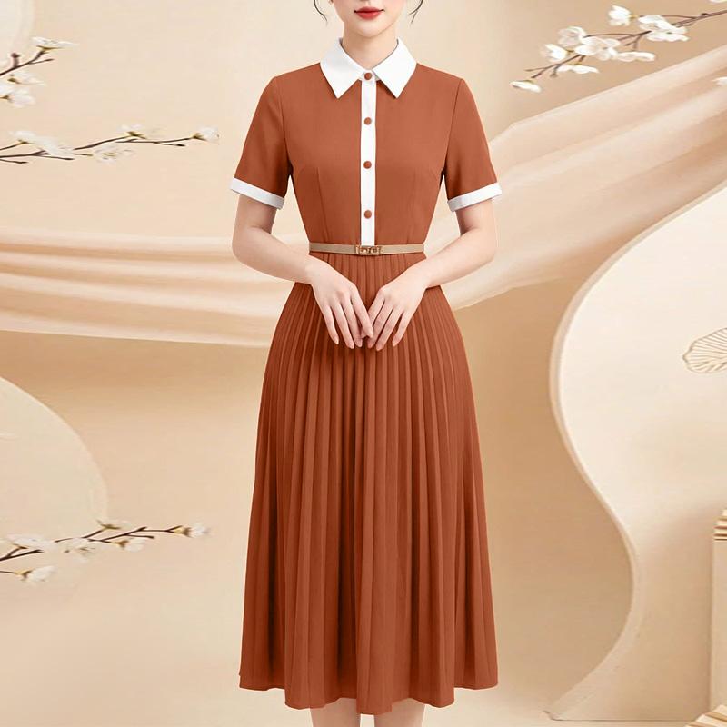 ZANZEA Women Elegant Splice Turn Down Collar Casual Short Sleeve Pleated Dress S оранжевый