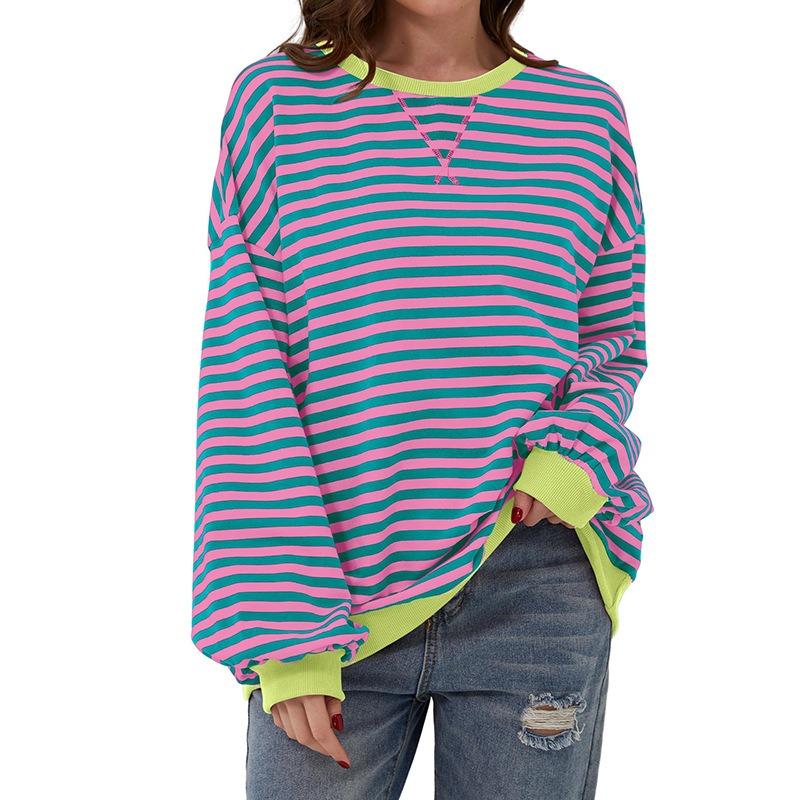 Loose Striped Long Sleeved Round Neck Women's T-shirt