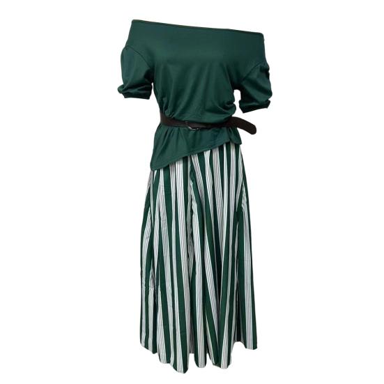 Women's Summer Vacation 2 Piece Skirt Sets Off Shoulder Short Sleeve Top And Striped Flowy Maxi Skirt Casual Travel Outfits with Belt