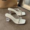 New Summer Sandals for Women Fashion Square Head Shallow Mouth Rhinestone Transparent Word with Temperament Crystal Slippers