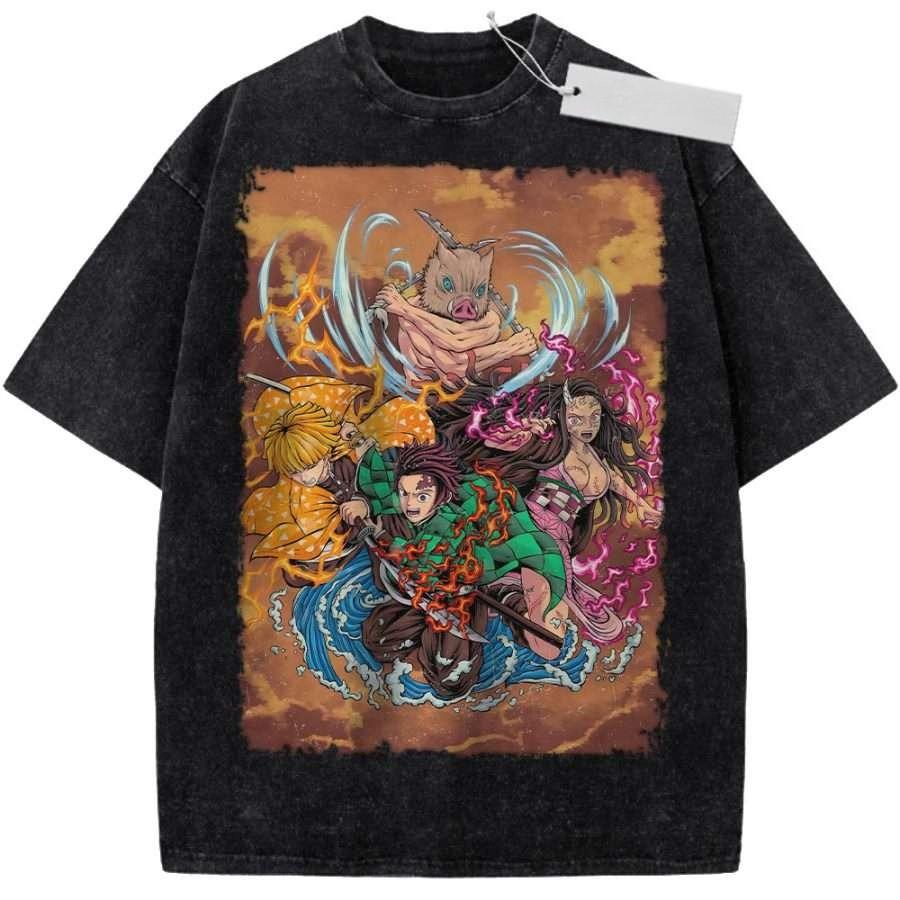 T-shirt Vintage Unisex Nero Lavato One Piece Cappello Ace Fiamma Teschio Tessuto di Alta Qualità per Casa Tempo Libero Viaggio Shopping