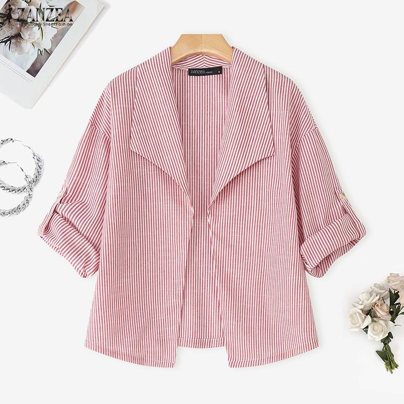 ZANZEA Women Casual Turn Down Collar Long Sleeve Stripe Print Cardigan Blouse