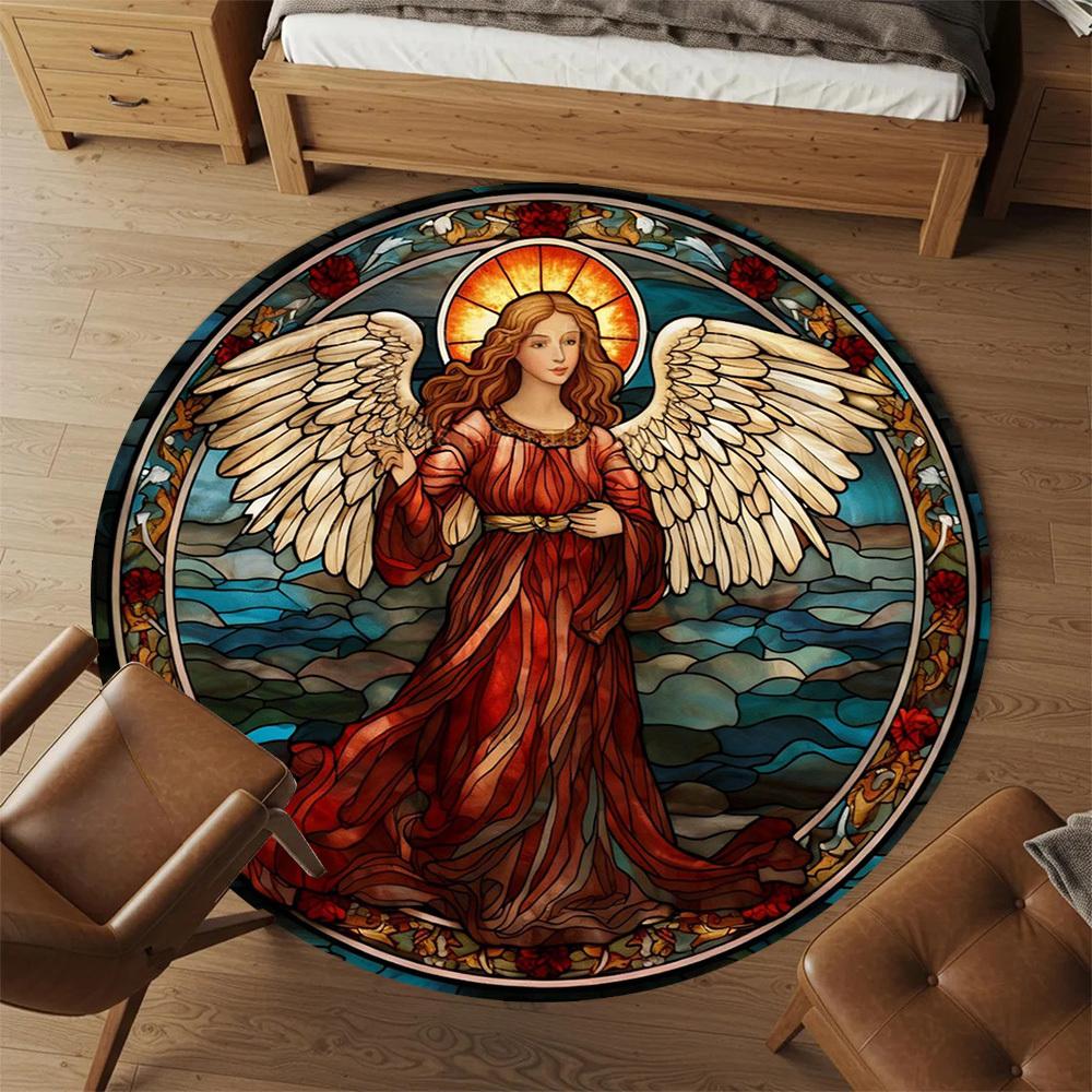 1pc Angel Stained Glass Round Chair mat office Area Rug - Non-Slip, Floor Mat for Office, Bedroom, Ideal home decor gift c0112025