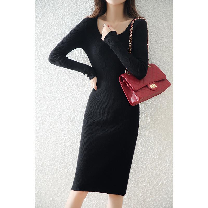 Autumn/Winter 2021 Long-Sleeve Square Collar Knit Wool Dress for Women - Knee-Length