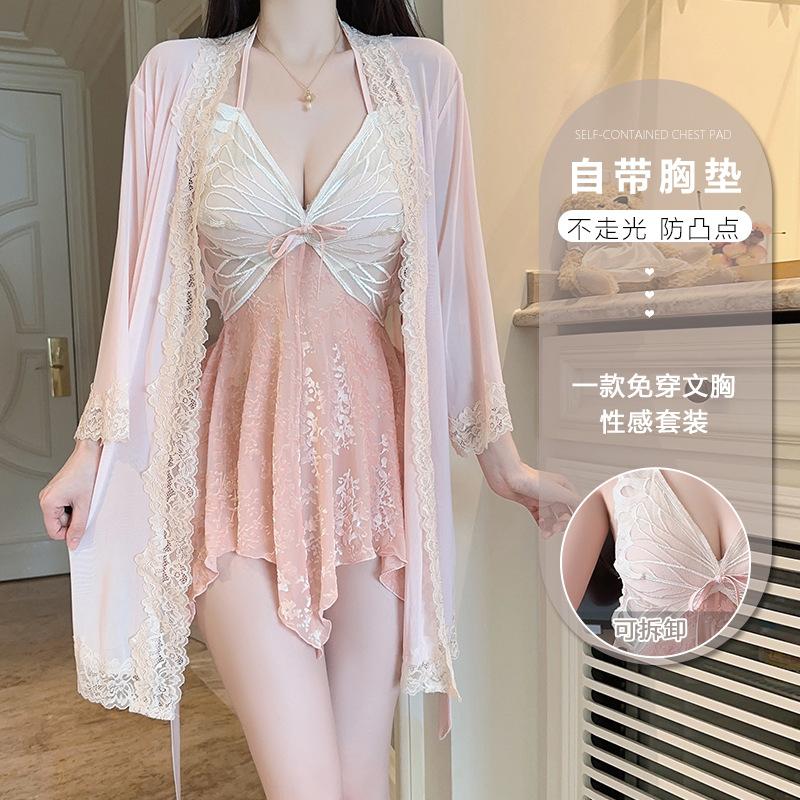 Women's Butterfly Padded Backless Sleep Dress with Robe Lounge Set