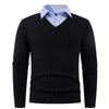 Men's Solid-color Casual V-neck Pullover Knitted Sweater With Two Striped Neck Sweaters