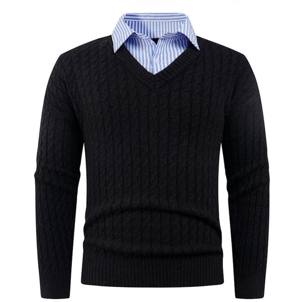 Men's Solid-color Casual V-neck Pullover Knitted Sweater With Two Striped Neck Sweaters