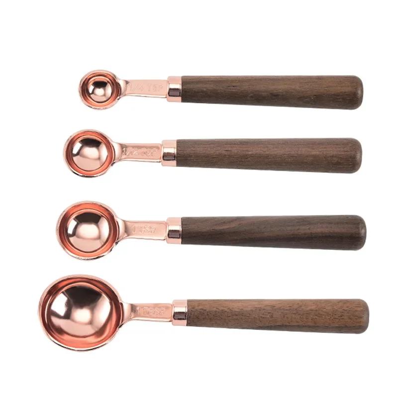 

4Pcs/set Rose Gold Stainless Steel Measuring Cups and Measuring Spoon Scoop Set Wooden Handle Kitchen Measuring Tool For Baking