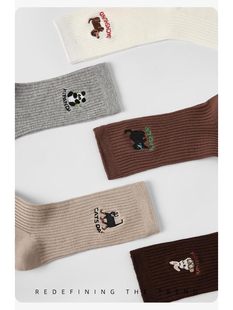 Renaissance Women's College Style Mid-Calf Socks, Solid Color with Panda Embroidery, Thin and Breathable for Spring and Autumn