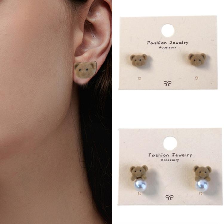 Coffee Flocking Bear Earrings Comfortable Ear Studs Student Fashion Accessories for Daily Commute or Social Event