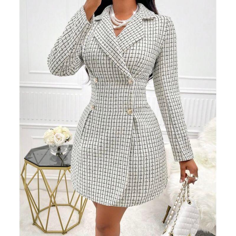 

2024 Fall and Winter New Arrival Classic Style Woven Patchwork Black and White Contrast Color Double Breasted Waist Slimming Figure Dress Women Black and White L