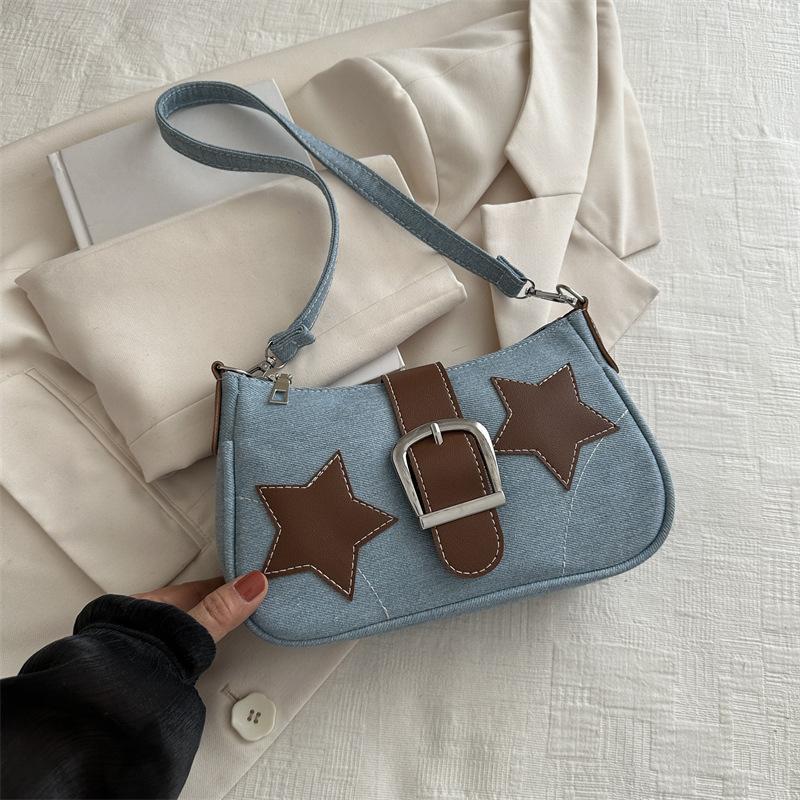 Star Denim New Style Fashion Trend Spring Fashionable Design Crescent Bag Canvas Chain Handheld Underarm Bag