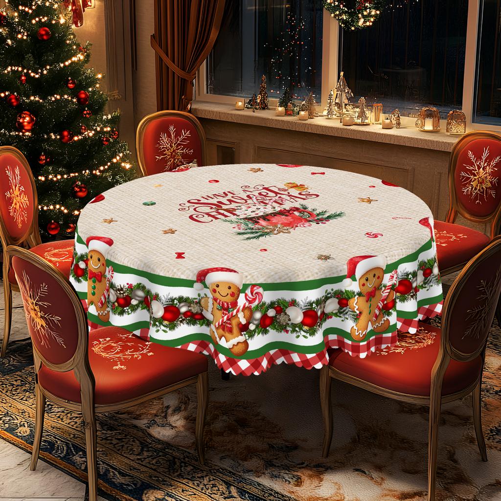 1 Piece Of Christmas Round And Rectangular Tablecloth, Various Sizes, Exquisite And Cute Gingerbread Man Pattern Tablecloth, Christmas Courtyard Table