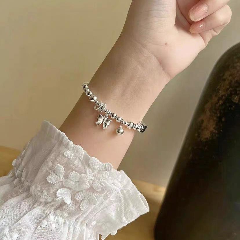 S925 Sterlingsilber Schleife Perlenarmband - Handgefertigt Elastische Kordel, Perfektes Süßes Geburtstagsgeschenk für Frauen