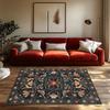 Dark Background Floral Bird Rug, Bohemian Garden Pattern Non-Slip Carpet, Orange Accent Living Room Mat for Home Decor