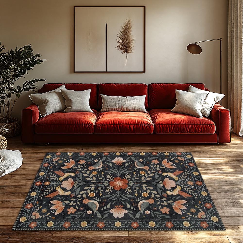 Dark Background Floral Bird Rug, Bohemian Garden Pattern Non-Slip Carpet, Orange Accent Living Room Mat for Home Decor