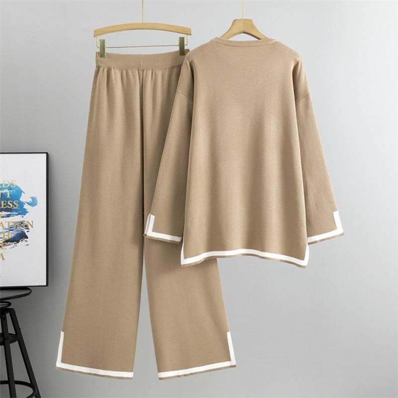 Autumn Women's Plus Size Fashion Chic Neckline Knit Top Wide Leg Pants Casual Sports Pant Suit