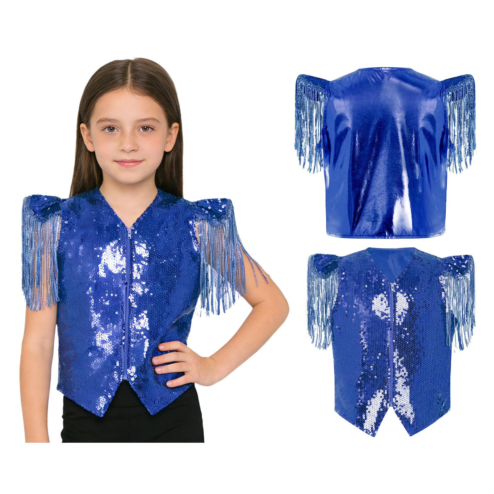 

Kids Dancewear Sequin Metallic Waistcoat V Neck Cap Sleeves Tassels Patchwork Asymmetrical Hem Zipper Front for Performance Costume 5-6 Years королівський синій колір