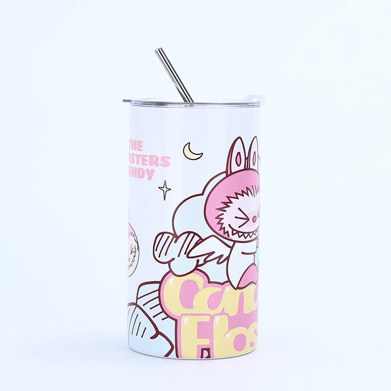 Kubek termiczny ze stali nierdzewnej w kształcie kreskówki Labubu Prosty kubek ze słomką do kawy