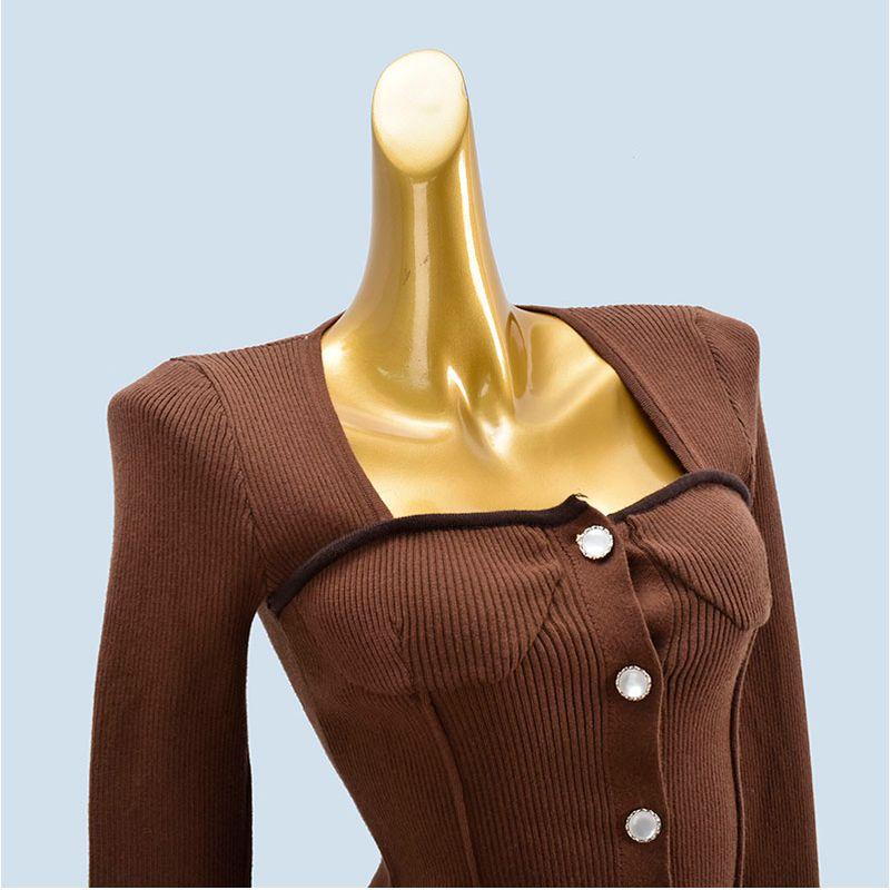Sweet and Spicy Chic High Quality Thick Spring and Autumn Square Collar Short Silm Sexy Long Sleeves Knitting Soft Glutinous Cardigan Women