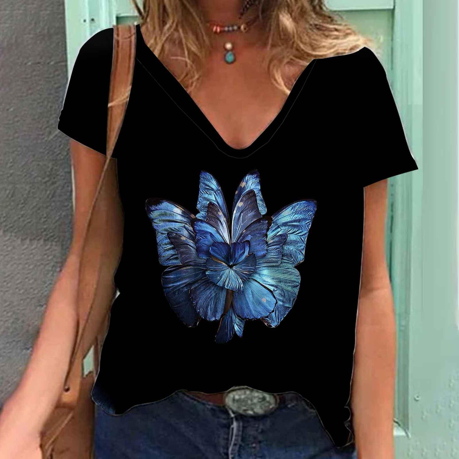 Женские футболки с V-образным вырезом и коротким рукавом с 3D-принтом и принтом бабочки — фото 12