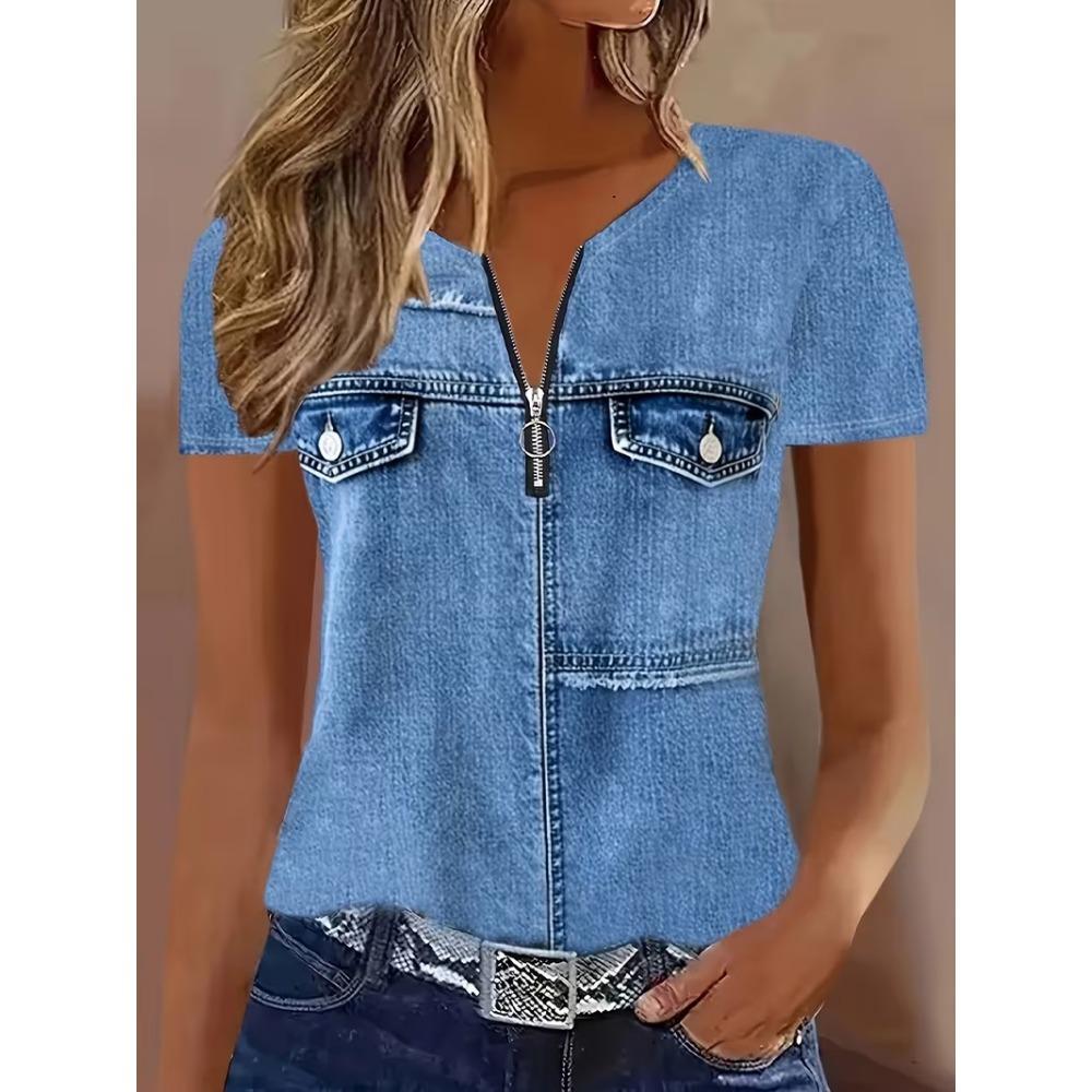 Women s Polo Shirt with Fashionable Zipper and Geometric Design, Summer Loose Short Sleeved T-shirt