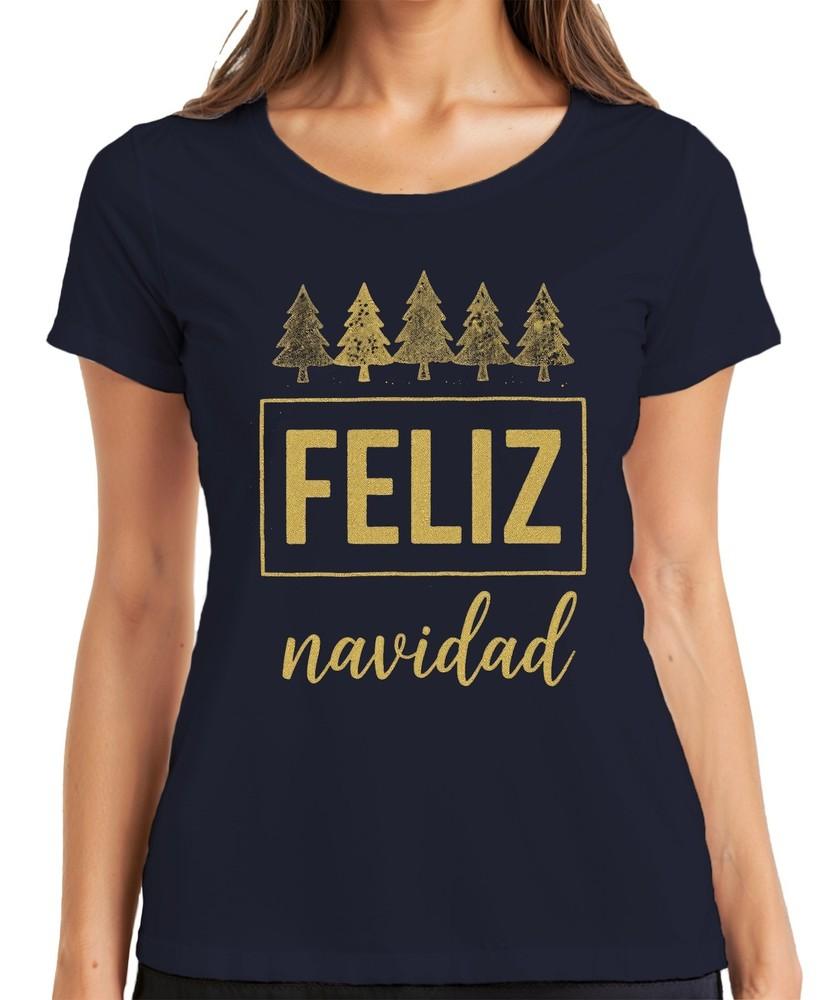 Feliz Navidad Christmas Xmas Tree Gold Glitter Gift Ladies TShirt S