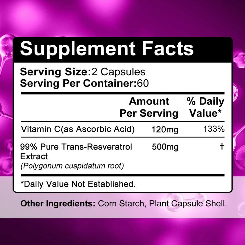 Vitamin C 120 mg, 99% reiner Trans-Resveratrol-Extrakt 500 mg, 120 Kapseln pro Flasche