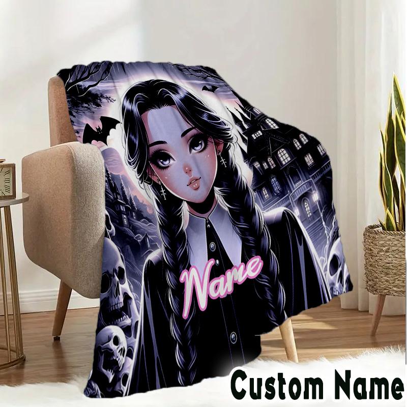 Custom Name Gothic Addams Blanket Bedding Blanket Picnic Blanket for Women Men, Throw Blankets for Couch Bed, Christmas and Halloween Gifts