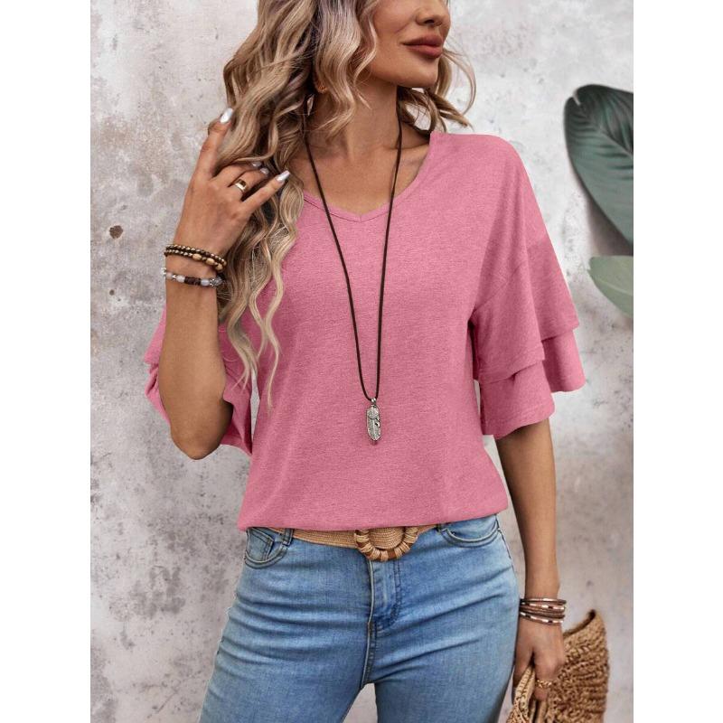 Summer New Solid Color V-neck Double-layer Sleeve Loose T-shirt Short-sleeved Women