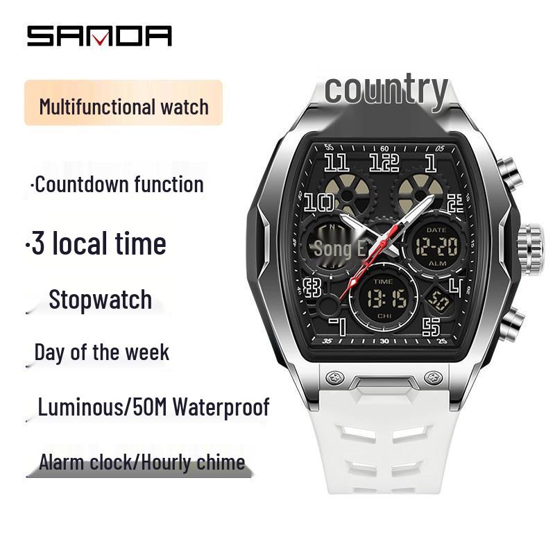 Sanda Dual-Movement Barrel Watch: Luminous Alarm, Large Dial, Multifunctional Student Watch.