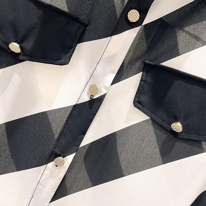 Simplicity Summer Women's POLO Collar Striped Contrast Color Single Breasted Korean Casual Loose Short Sleeve Chiffon Shirt Tops