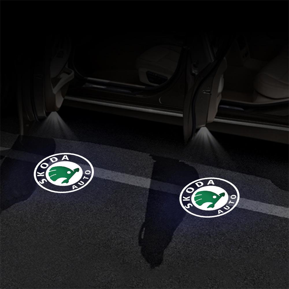 2026 Hot Car Door Emblem Light Welcome Lamp Wireless Laser Projector Auto Decoration For Skoda Fabia Rapid Superb Octavia A5 4 V