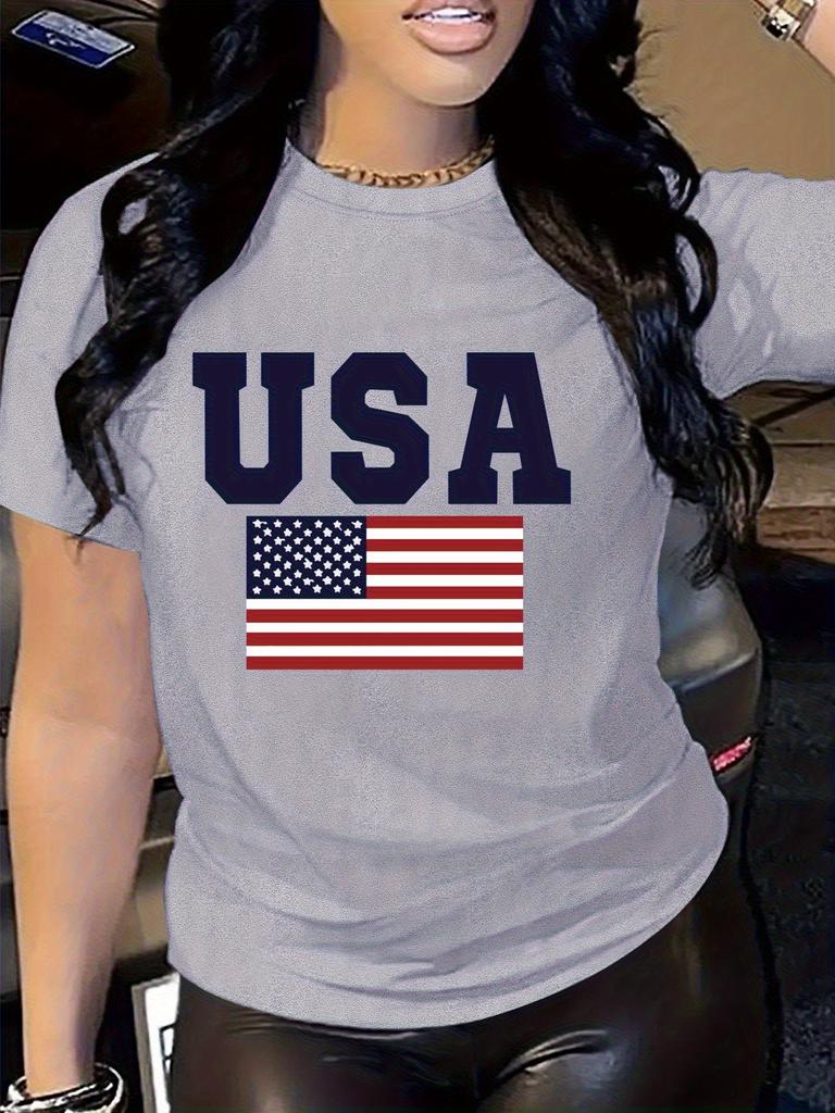 Women'S Patriotic USA Letter Print T-Shirt  Casual Crew Neck Short Sleeve Perfect for Spring  Fall Everyday Tshirt Graphic Tee
