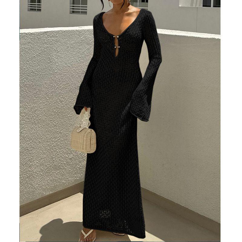 

Fashion New Arrival Cut Out Texture V Neck round Buckle Long Sleeves Vacation Length Dress Beach Open Back Maxi Dress Black S