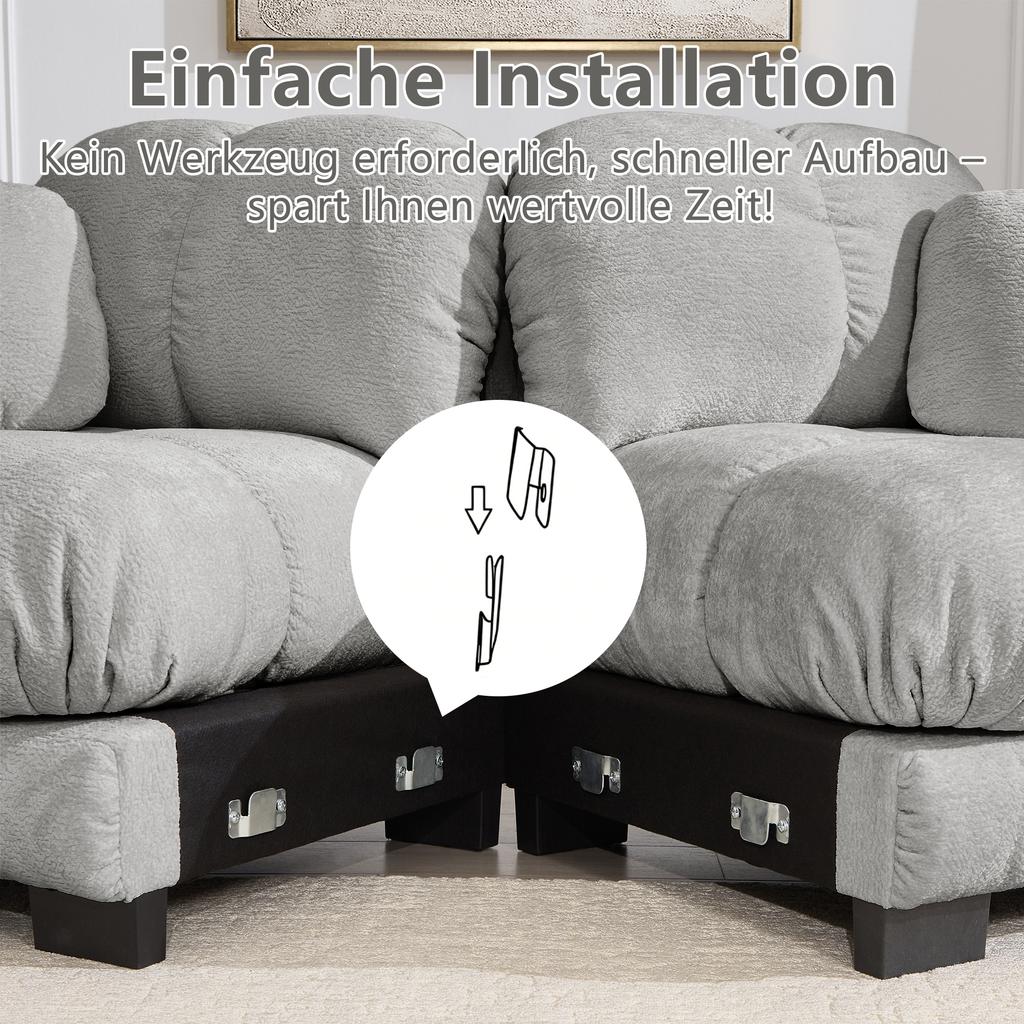 2-Sitzer Chenille-Sofa, L-förmige modulare Ecke, gestepptes Design, dicke Sitzkissen, mit mobilem Hocker, einfach zu montieren, Hellgrau