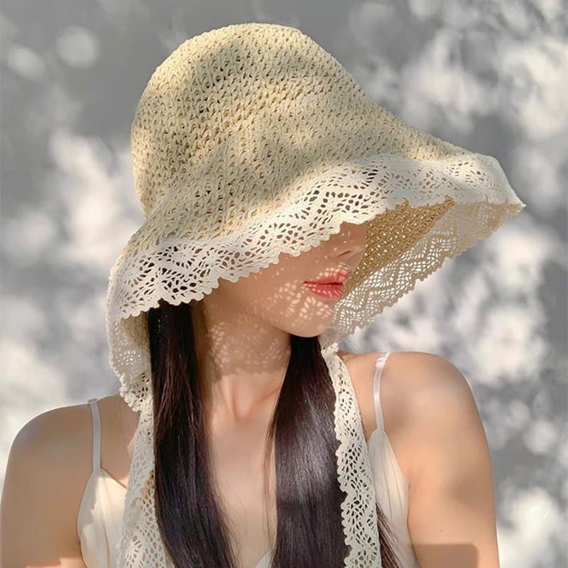 French Lace Trim Sun Hat For Women Summer Foldable Wide Brim Sun Protection Fashion Casual