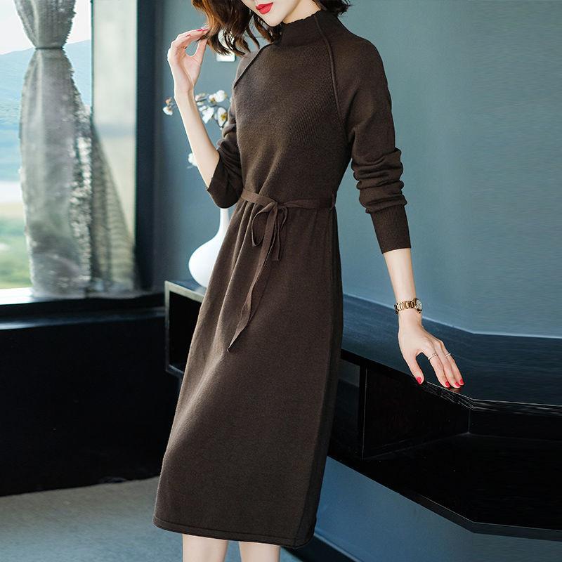 Casual Sweater Dress for Women Mid-length Turtleneck Knitted Sweater Large-sized Solid Color Pullover Long-sleeved Knitted Dress