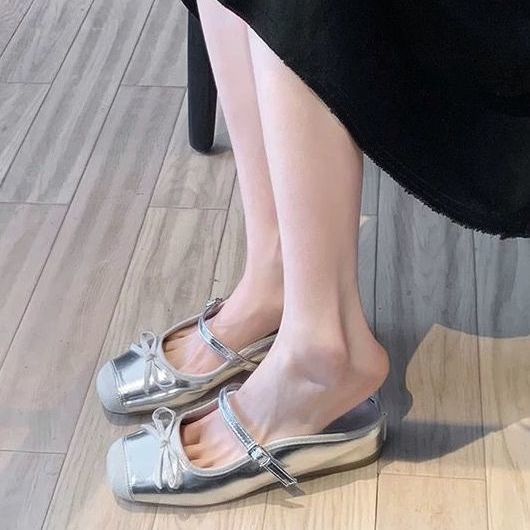 Fashion Shoes Increased Internal Mules For Women 2025 Ladies' Slippers Cover Toe Butterfly-Knot Silver Mary Janes Butterfly-knot