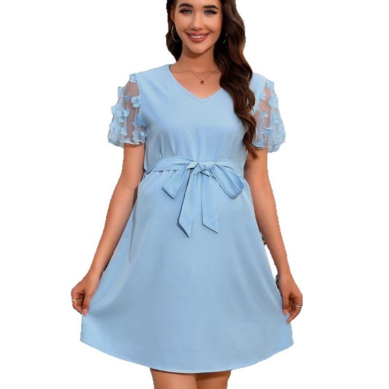 

Женское элегантное темпераментное кружевное платье с цветочным принтом, короткими рукавами, узким поясом и V-образным вырезом XXL небесно-голубой