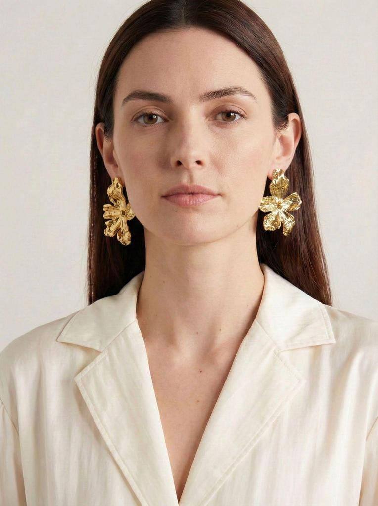 18K Gold Plated Floral Earrings - French Retro Style with Elegant Charm