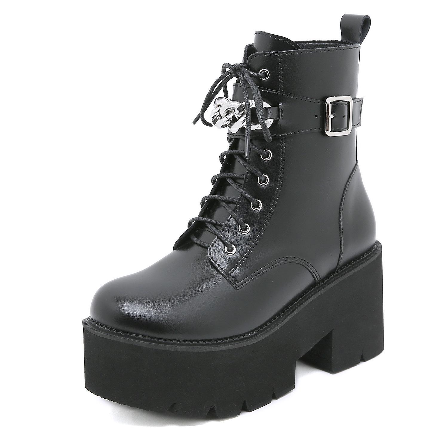 

Передняя шнуровка, металлический высокий каблук, подошва-маффин, боковая молния, ботинки Мартин Yepu с круглым носком и толстой цепью 43 чёрный