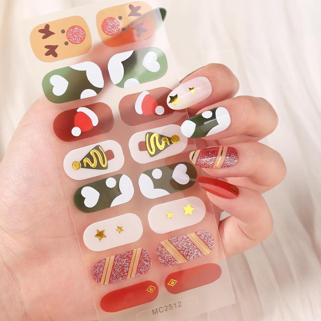 16-Piece European/American Christmas Gel Nail Stickers – No-Bake, French Manicure Style