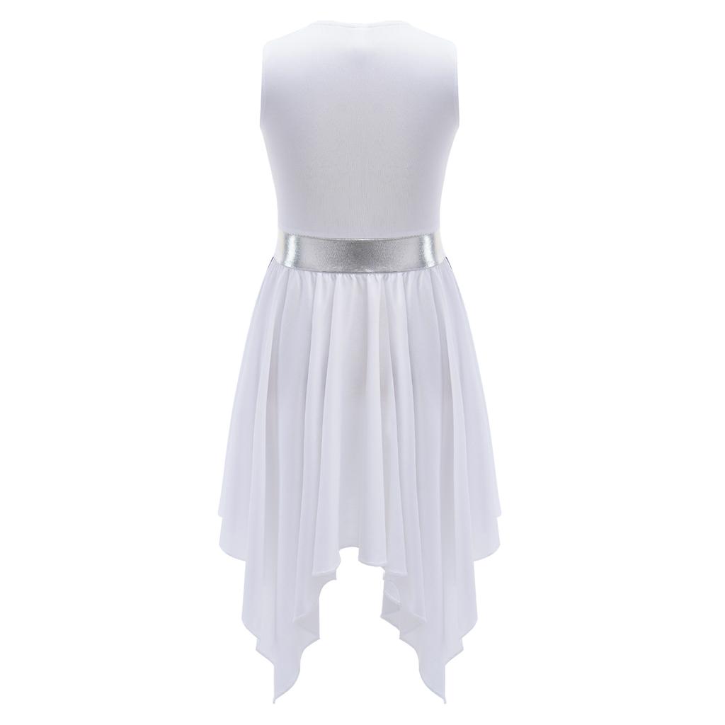 Kids Girls Sleeveless Lyrical Dance Costumes Contrast Color Asymmetrical Figure Skating Ballet Dress