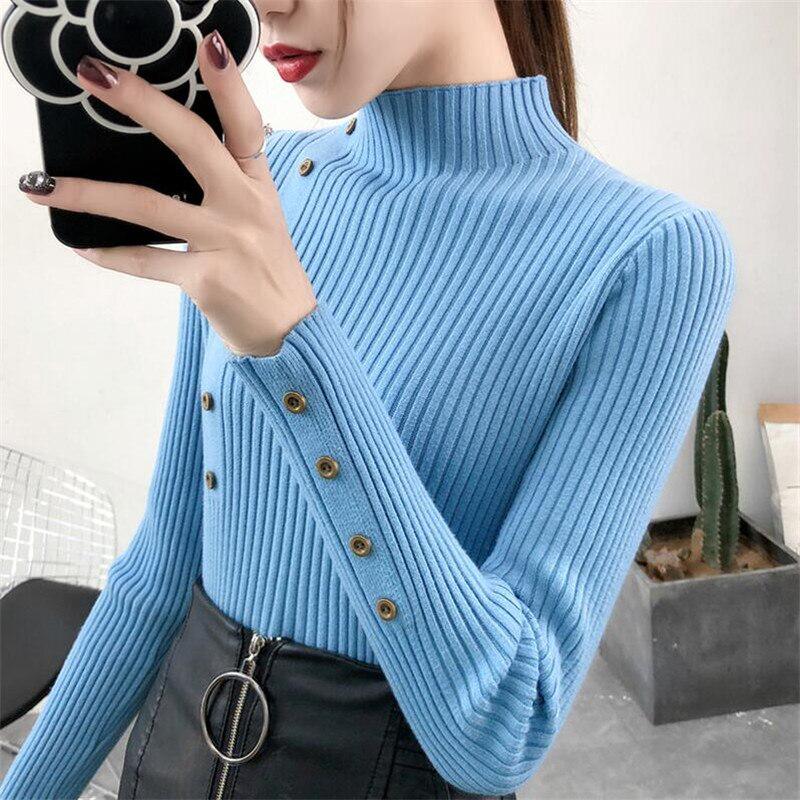 2020 frauen Herbst Gestrickte Pullover Solide Strickte Weibliche Baumwolle Weiche Elastische Farbe Pullover Taste Volle Hülse Rollkragen