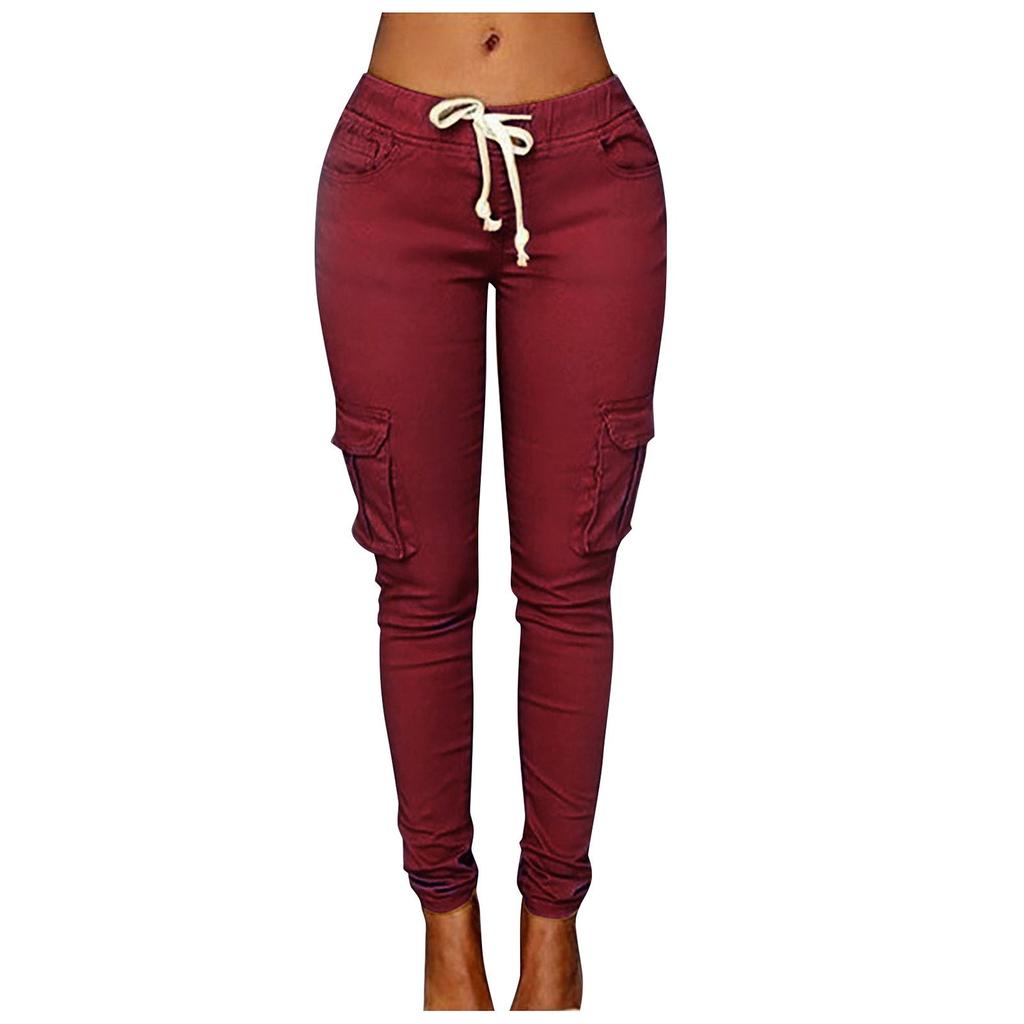 Women's Solid Color Casual Elastic Waist String Side Pocket Pencil Pants