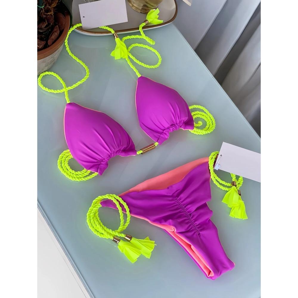 2025 Sexy Solid Color Two-piece Triangle Swimwear Women Swimsuit Braiding Rope Bikinis Set Beach Bathing Suit Brazilian Biquinis